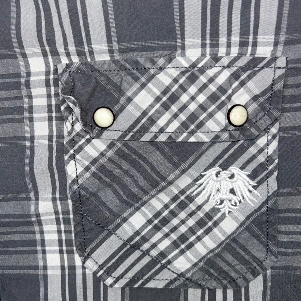 Soviet Men's XL‎ Plaid Button Up Shirt Long Sleeve Gray Western Pockets Pearl